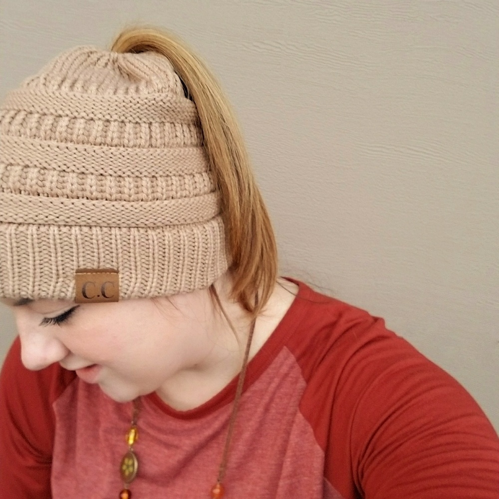 Tan Messy Bun Ponytail Beanie Tan Knit Hat